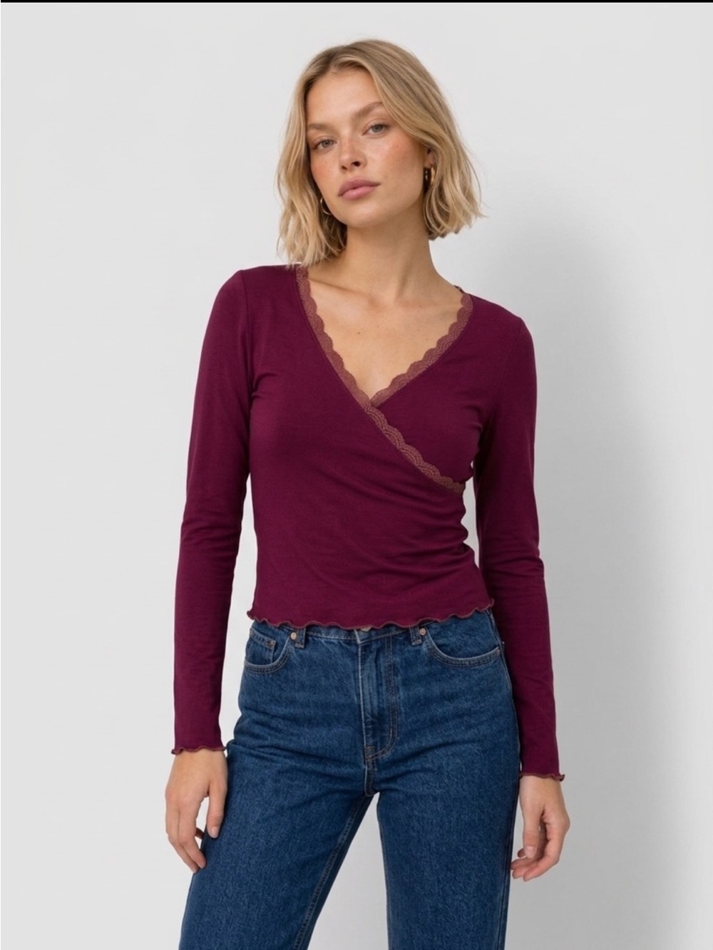 SHEIN Plum Lace-Trim Long Sleeve Top